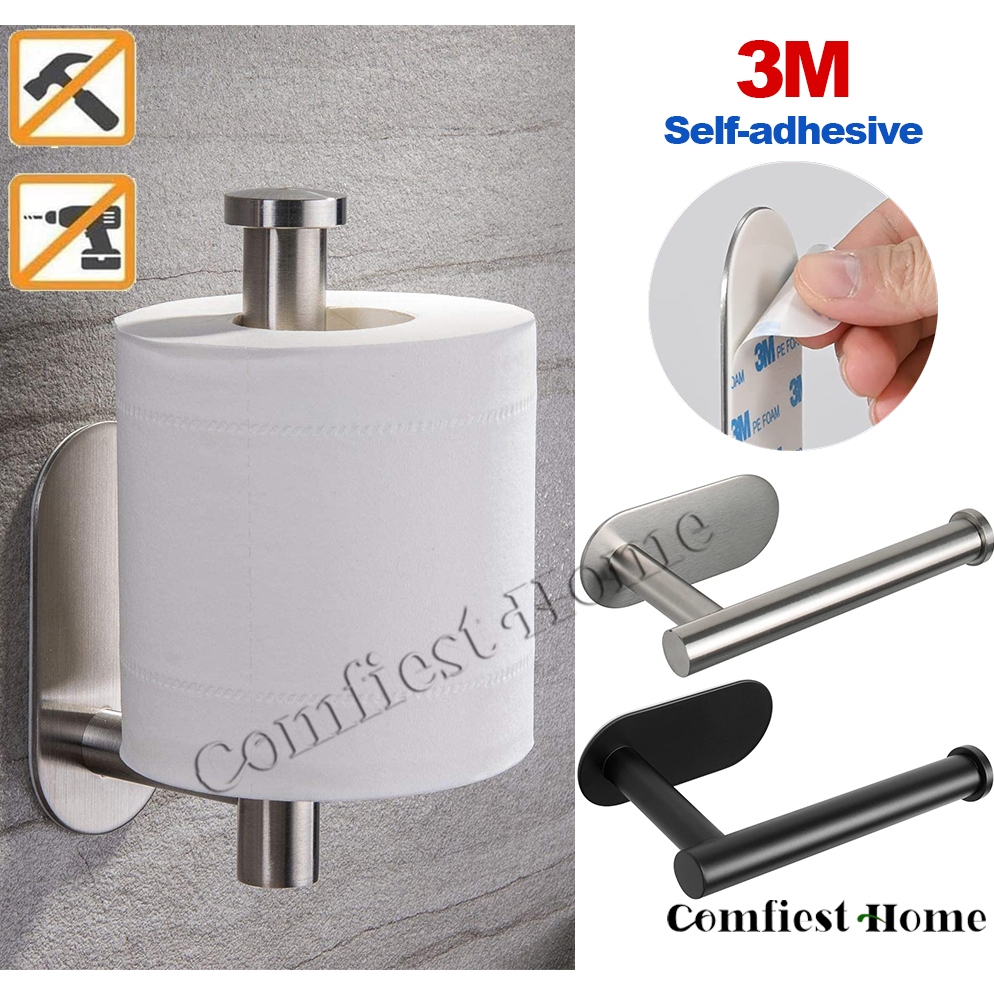 1pc Rustproof and Stainless Steel Toilet Paper Holder with Phone Shelf -  Wall Mounted Self Adhesive Tissue Roll Holder for Bathroom and Washroom -  Bla