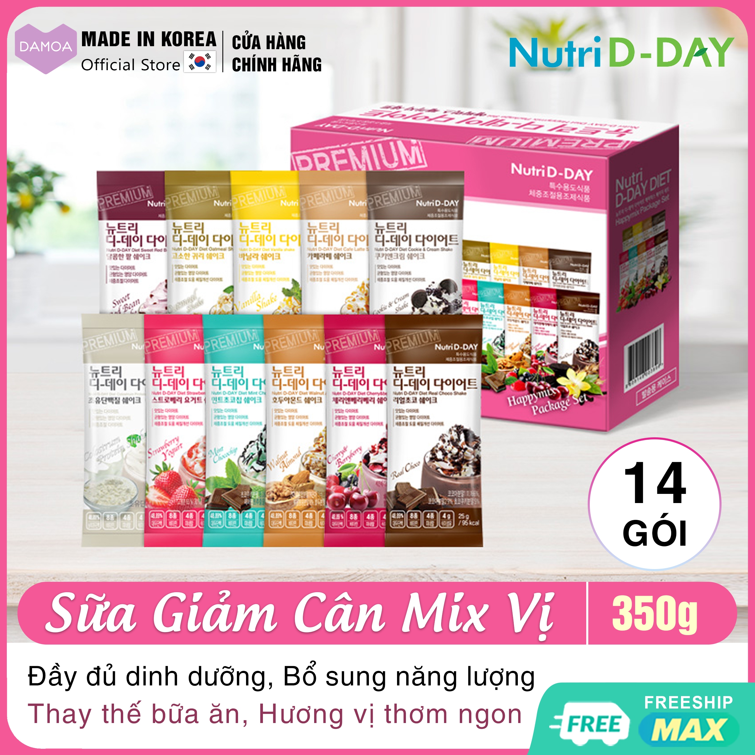 Sữa Giảm Cân NUTRI D-DAY Diet Shake Happy Mix Hàn Quốc | Ăn Kiêng Hiệu Quả, Bữa Ăn Thay Thế Dinh Dưỡng | Hộp 14 gói