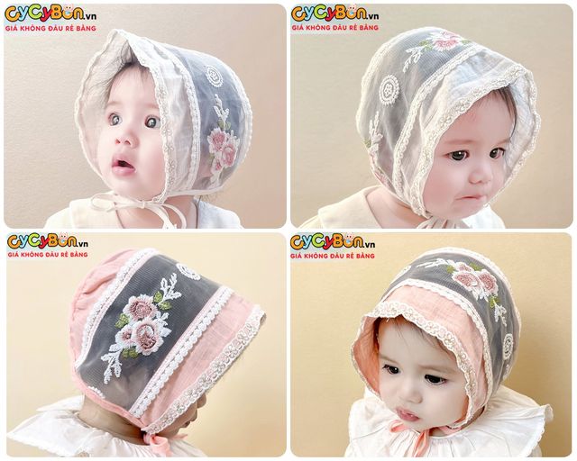Mũ nón tiểu thư cho bé gái phối ren đính hoa hồng thêu có dây cột giữ nón size cho bé từ 3 tháng - 12 tháng siêu xinh !
