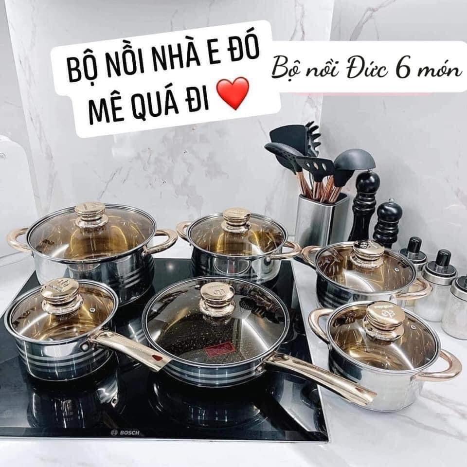 BỘ NỒI ĐỨC 6 MÓN 12 CHI TIẾT, ĐÁY TỪ 5 LỚP -Dùng cho mọi loại bếp điện, bếp từ, bếp gas, Làm Bằng Inox 304 không gỉ và thép hợp kim Cao Cấp, Bộ nồi tráng men vàng cao cấp sang trọng,hàng cao cấp kiểu giáng sang trọng ,đang hót nhất năm 2021 ,được người ti