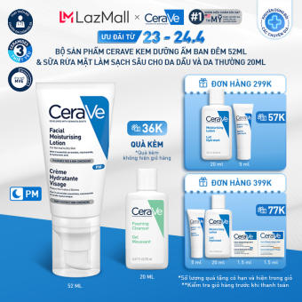 Bộ sản phẩm Cerave Sữa dưỡng ẩm ban đêm (52ml) & sữa rửa mặt làm sạch sâu cho da dầu