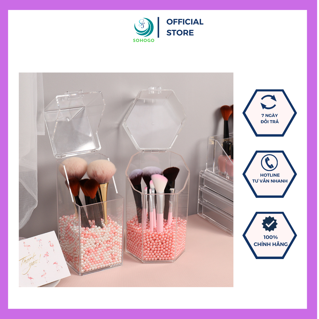 [SẴN HÀNG-HCM]-Hộp mica đựng cọ trang điểm có nắp kèm ngọc trai 12*22cm, S&T