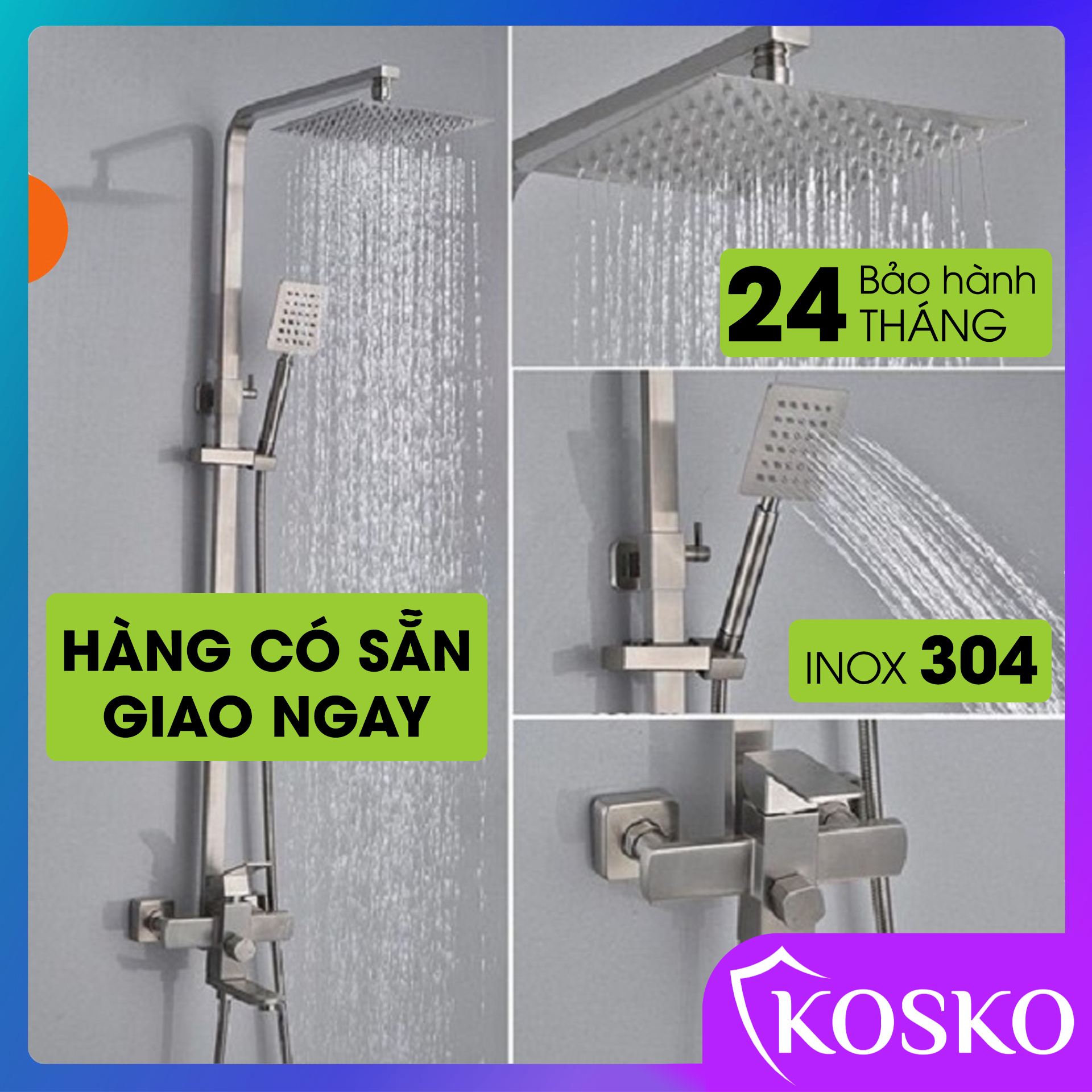 Bộ sen cây tắm đứng nóng lạnh inox SUS 304 KOSKO K-880SCV (Bảo hành 2 năm - 1 đổi 1 trong vòng 15 ng