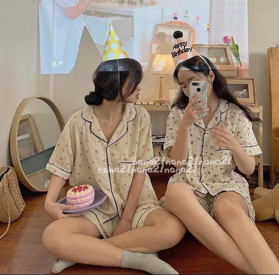 Bộ đồ ngủ pyjama chất đũi hàn ngắn tay, bộ đồ ngủ pijama mặc ở nhà thêu họa tiết dễ thương