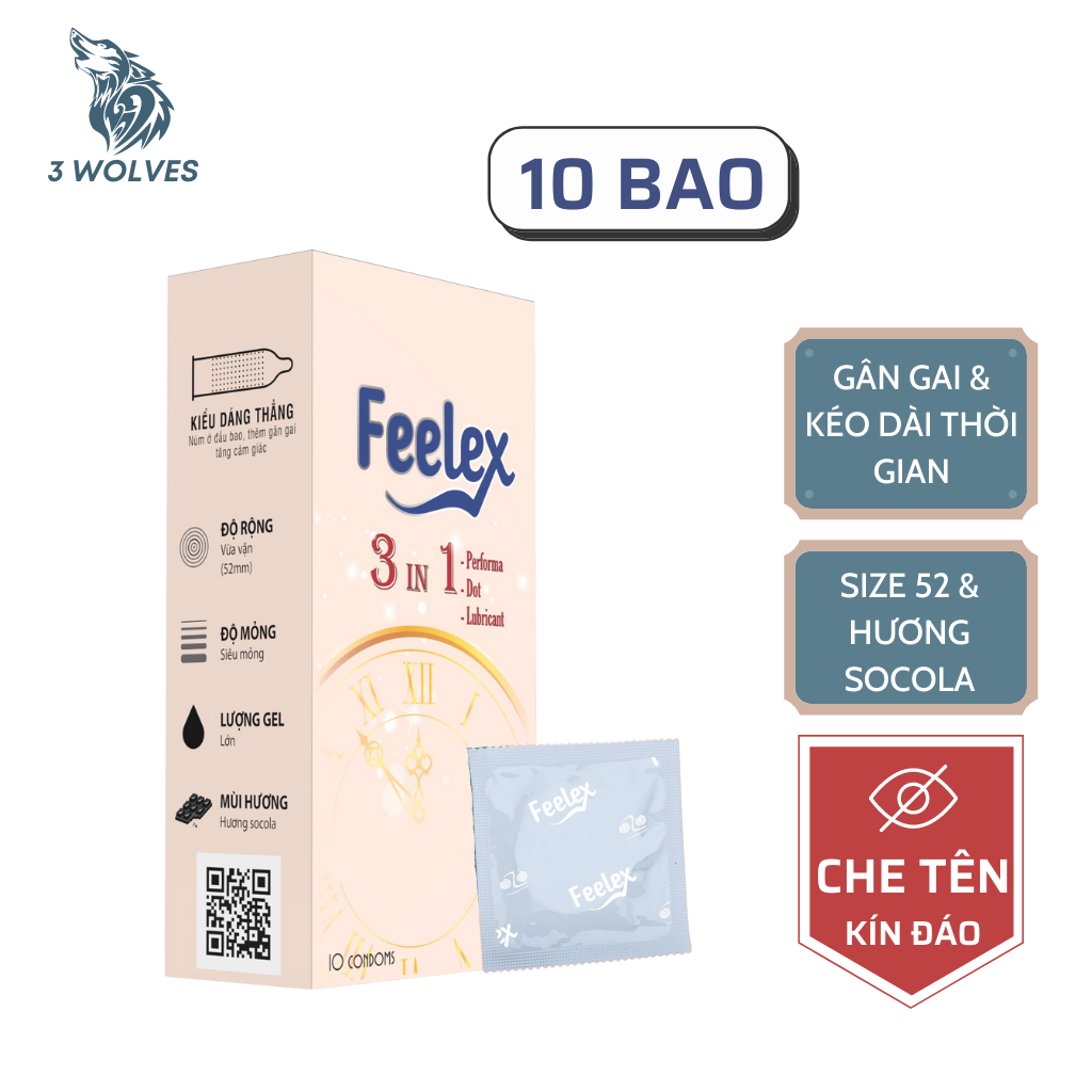 Bao cao su gân gai Feelex 3 in 1 hương socola kéo dài thời gian quan hệ khi yêu, size 52, hộp 10 bcs