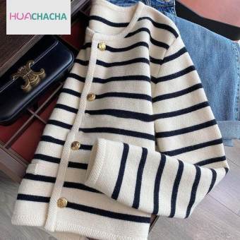 HUACHACHA Áo Khoác Dệt Kim Dài Tay Cổ Tròn Kẻ Sọc Màu Đen/Trắng Áo Cardigan Áo Len Có Tấm Cài Khuy Màu Vàng