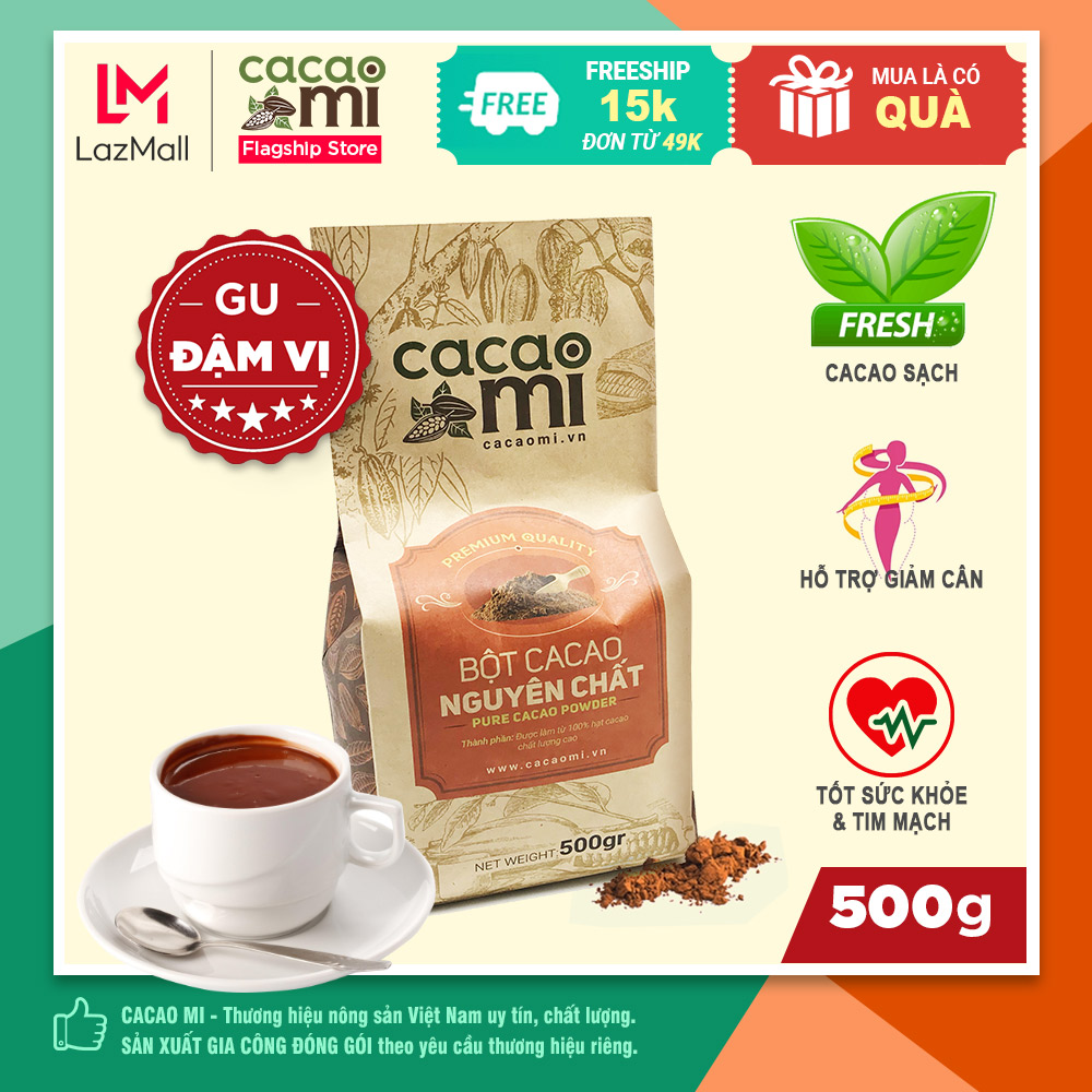  Bột cacao nguyên chất không đường CACAOMI Premium - Gu đậm đà chuẩn vị ca cao chuyên pha trà sữa làm bánh làm socola chocolate ăn kiêng giảm cân chuẩn Keto loại xuất khẩu 500g 