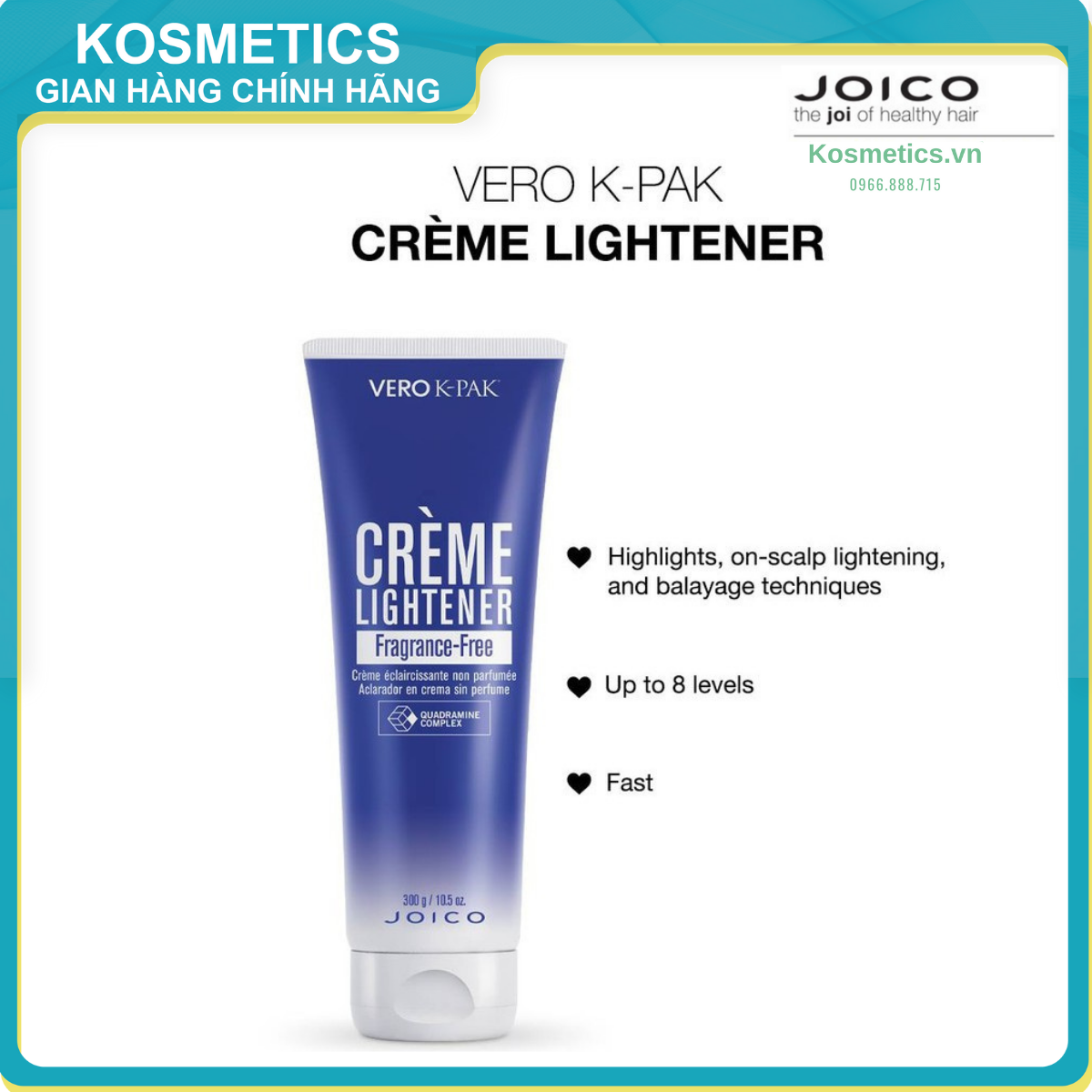 Kem tẩy tóc nâng sáng 8 cấp độ an toàn da đầu joico vero kpak crème lightener fragrance free 300ml