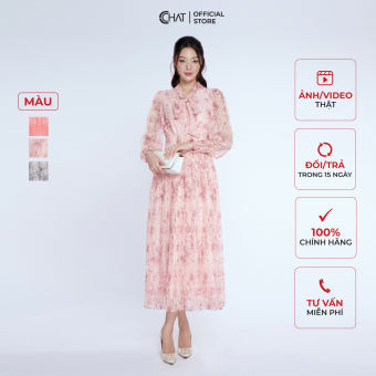 Đầm Nữ CCHAT Dập Ly Cổ Nơ Chất Voan Tơ Óng Mềm Mại 13VDV5003LT