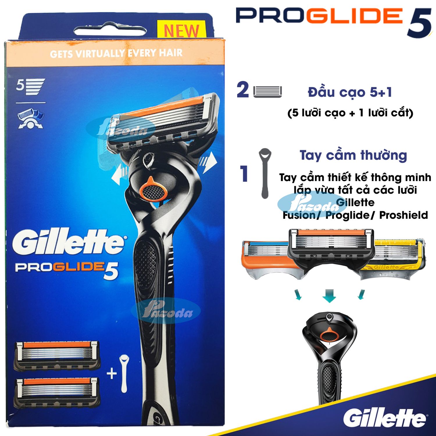 Dao cạo râu 5 lưỡi Gillette Proglide5 (1 tay cầm xoay chiều và 2 đầu cạo 5+1)