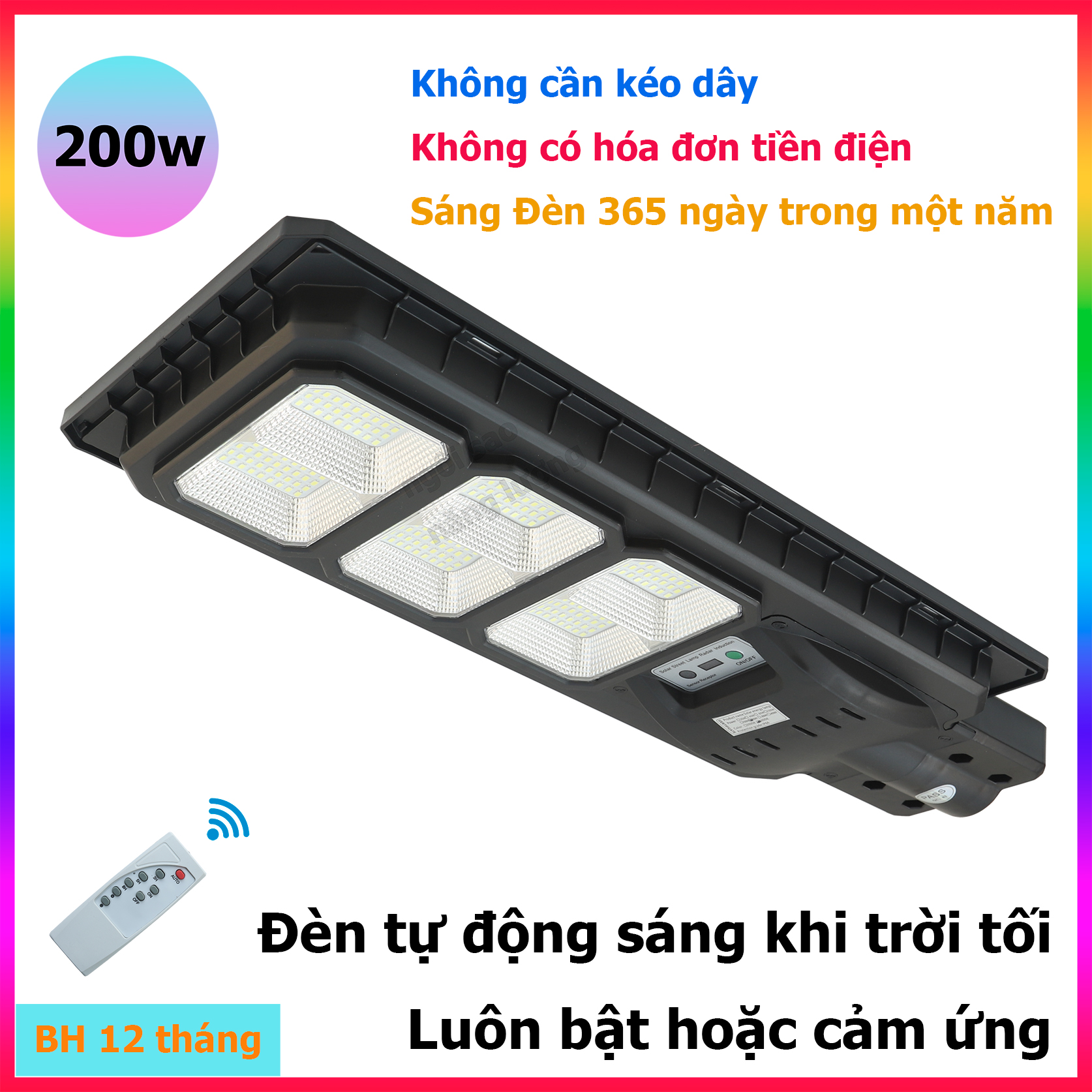 Đèn năng lượng mặt trời liền thể 200W có điều khiển từ xa với thanh gắn