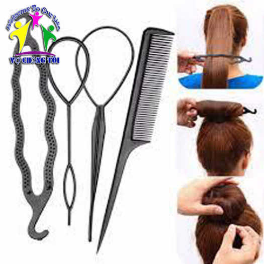 Bộ dụng cụ phụ kiện tóc nữ 4 món, chải bới, búi tóc đa năng tại nhà - thương hiệu VỢ CHỒNG TÔI