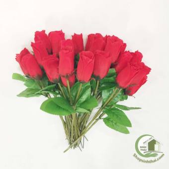 Cành hoa hồng giả - hoa vải lụa màu đỏ