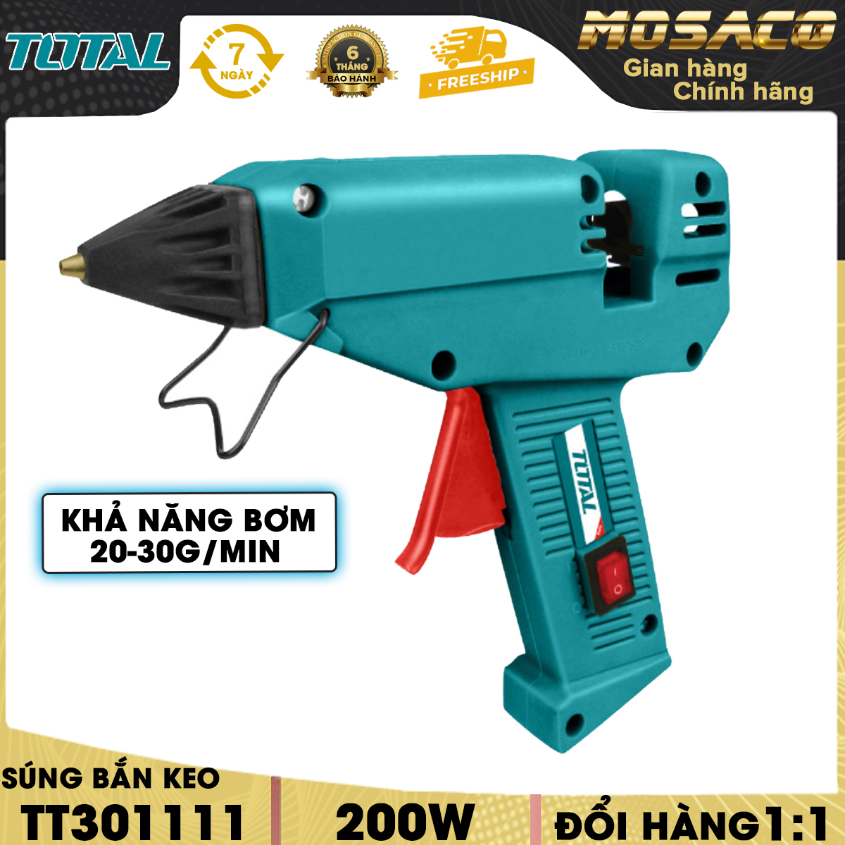 Súng bơm keo nhựa total tt301111 công suất 220w. súng bơm keo 20-30g/min, đường kính keo dính 12.2mm, thời gian làm nóng trước 3-5minutes bao gồm 2 ống keo dính 11.2mm - mosaco tools and home improvenment