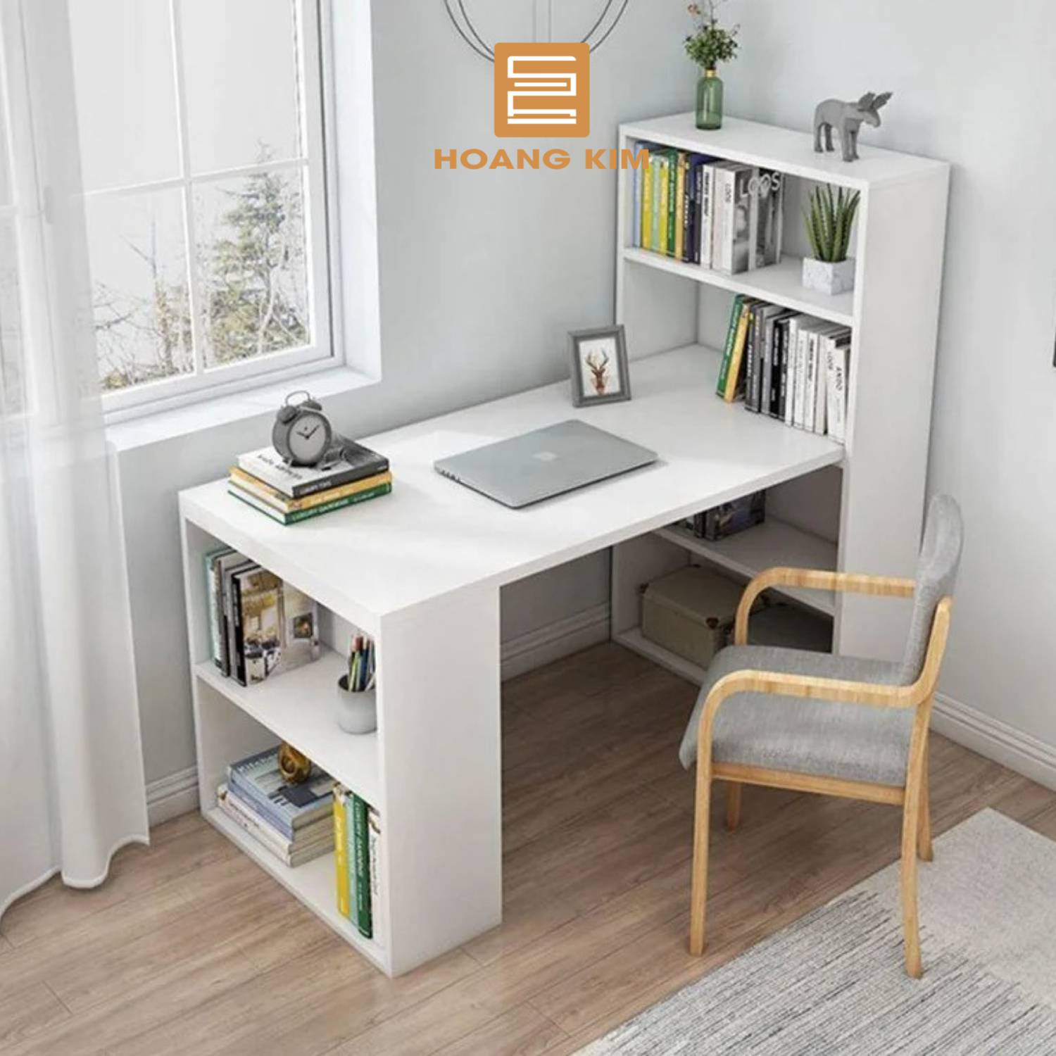 Bàn học bàn làm việc kèm kệ sách Decor Hoàng Kim, bàn gỗ làm việc chống ẩm