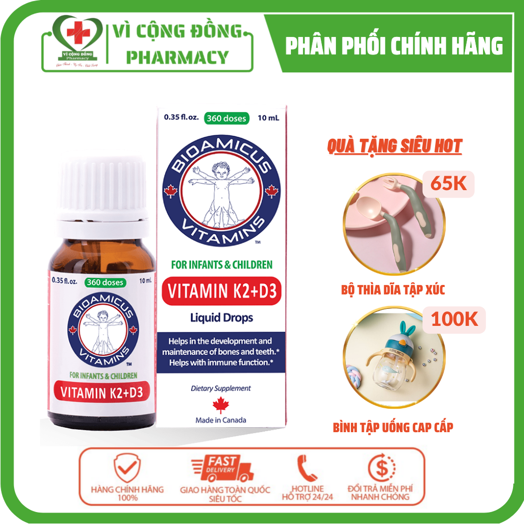 Vitamin D3 K2 Bioamicus nhập khẩu chính hãng Canada 10ml giúp bổ sung vitamin d3 cho bé tăng cường hấp thu canxi, phát triển chiều cao ở trẻ nhỏ, xương răng chắc khỏe, tăng đề kháng cho con ăn ngon - vì cộng đồng pharmacy