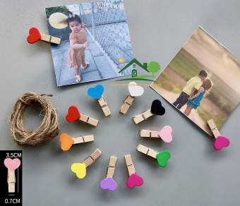 Combo 10 màu kẹp gỗ trái tim treo hình ảnh tặng 2 mét dây thường size 3.5x0.7cm