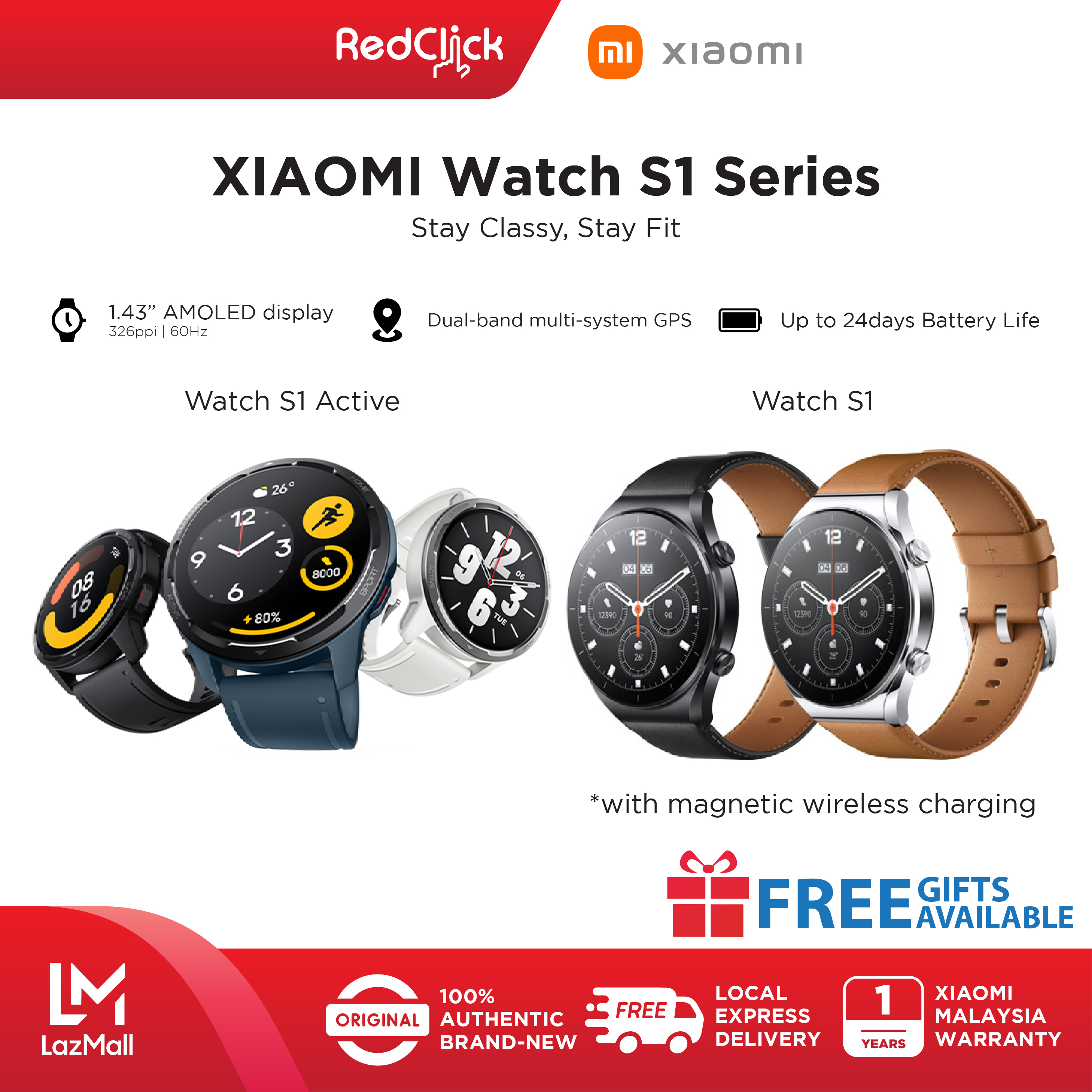 Xiaomi Watch S1 / S1 Active 1.43" AMOLED SUPPORT 117 Fitness Modes 24 Days Battery Life Support Blood Oxygen All Day Heart Rate and Bluetooth Phone Calls Original Xiaomi Product+ 4 Free Gift worth RM149