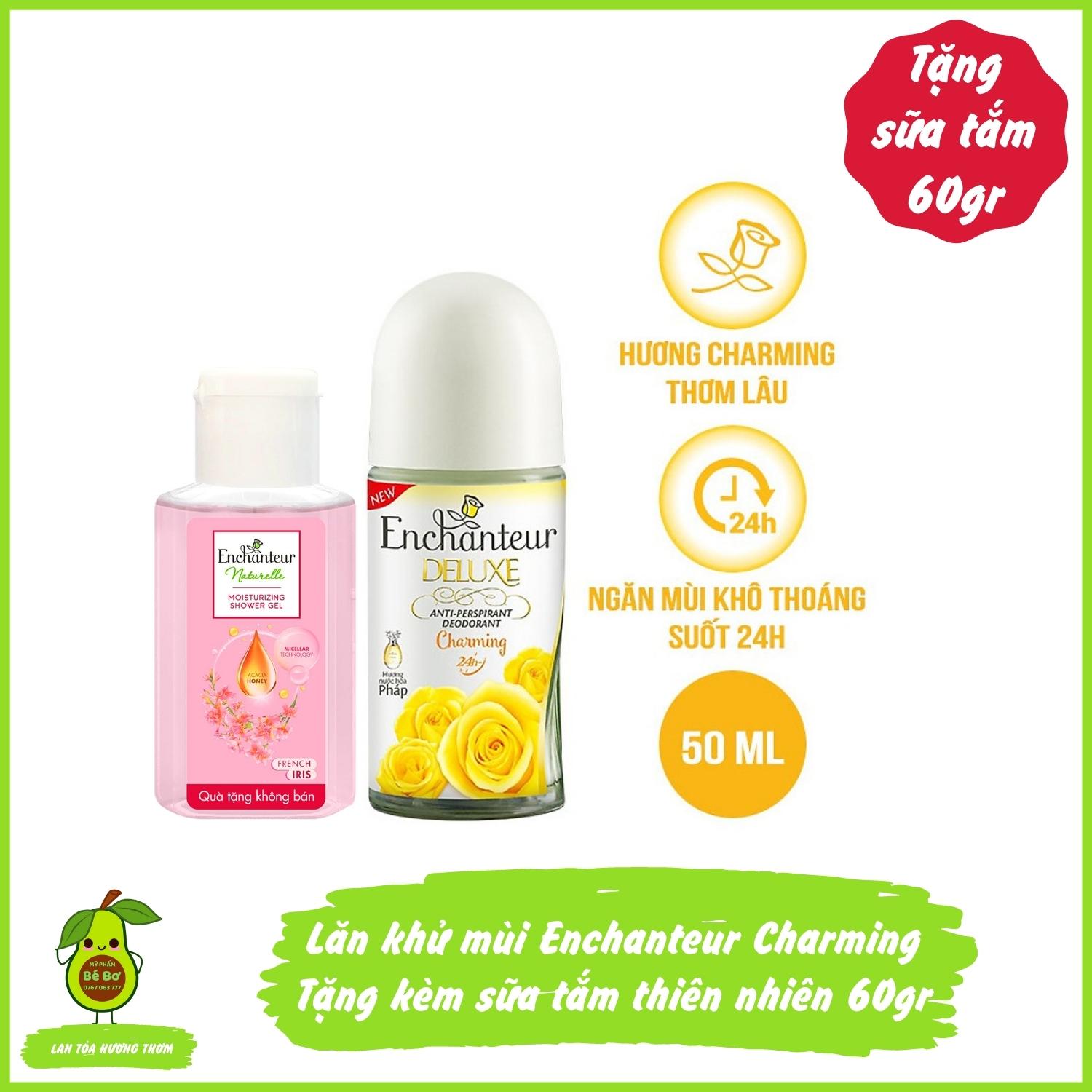 Lăn khử mùi Enchanteur Charming Delux 50ml tặng kèm sữa tắm Naturelle Iris 60gr - Lăn ngăn mùi hương nước hoa thơm lâu không vàng áo