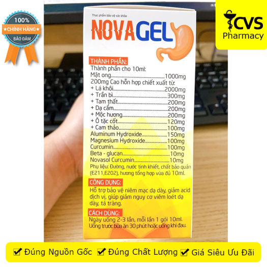 Novagel / Nova gel cvspharmacy Hộp 20 gói Hỗ trợ giảm đau dạ dày bảo vệ niêm mạc dạ dày
