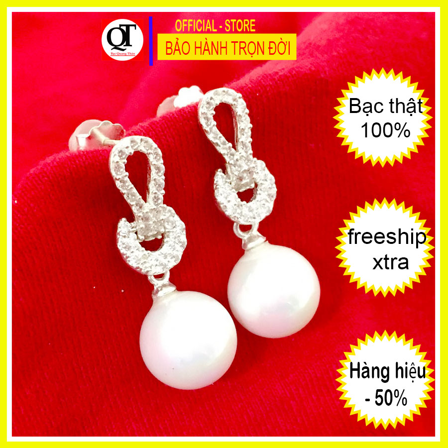 Bông tai nữ ngọc trai size 10 ly dáng dài chốt đeo sát tai gắn đá trắng cao cấp trang sức Bạc Quang Thản - QTBT149