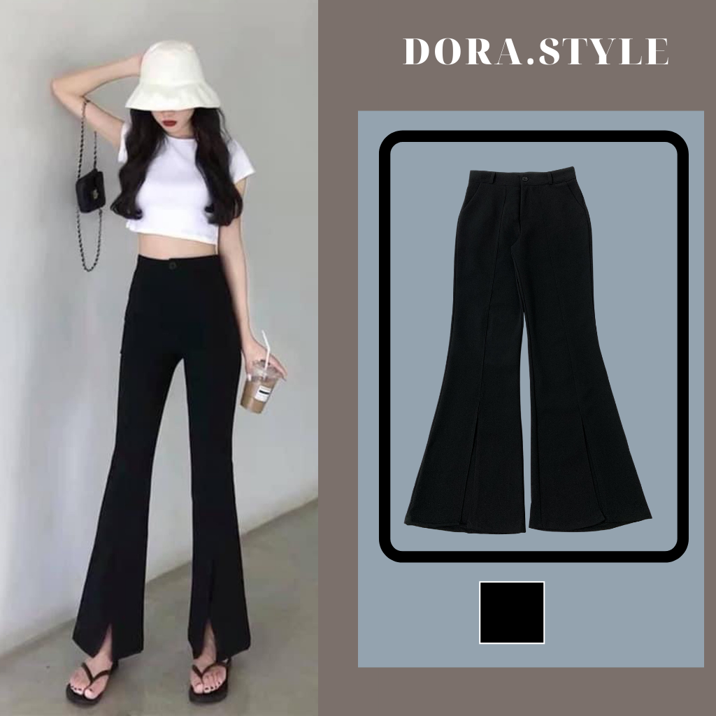 Quần Ống Loe Xẻ Trước Chất Liệu Tuyết Mưa Cực Đứng Dáng Dorastyle