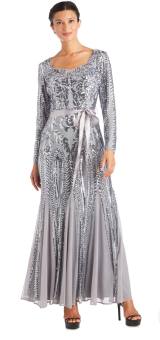 Đầm dạ hội tay dài đính sequin cổ bẻ và dây thắt lưng sa tanh màu bạc, màu đỏ R&M Richards