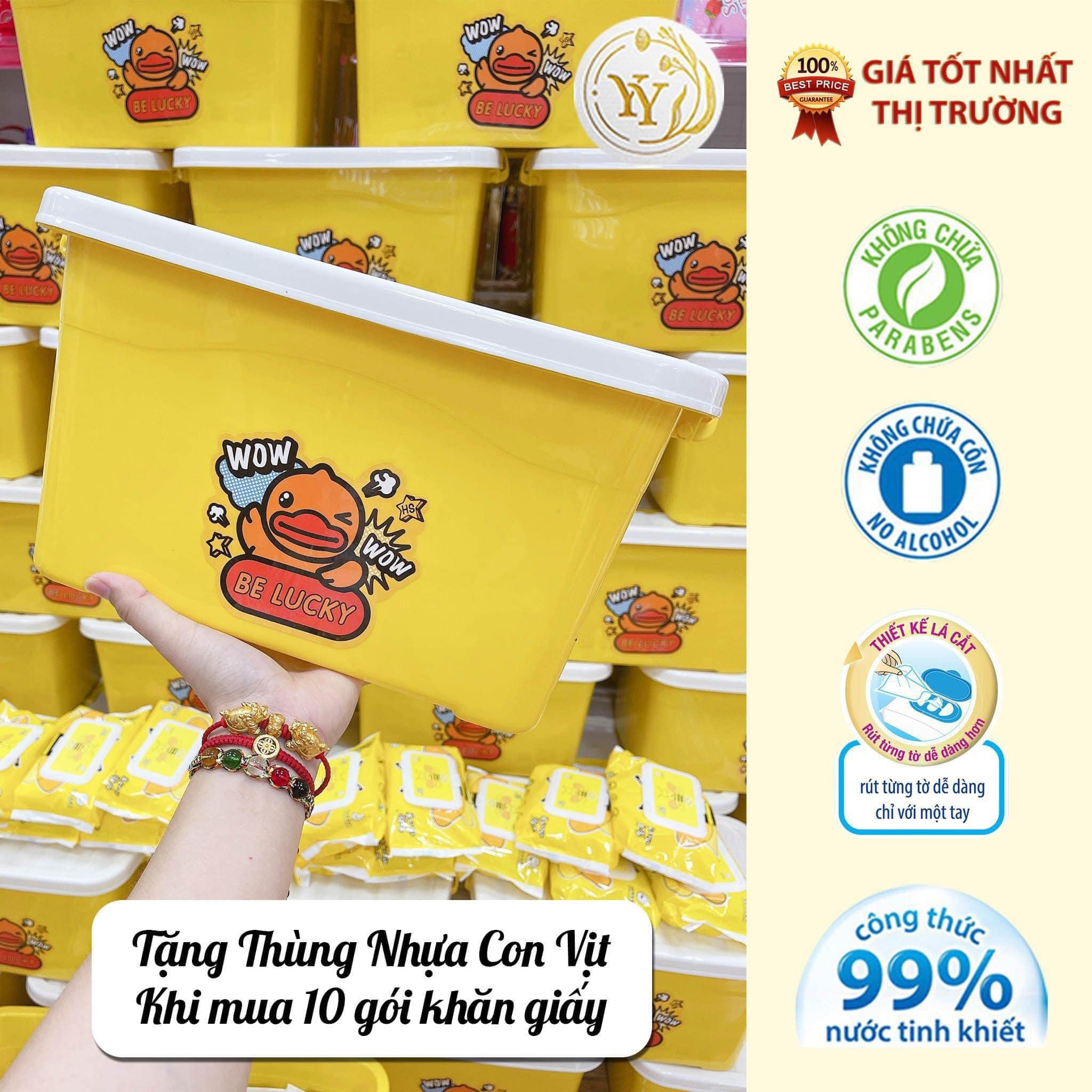 Khăn giấy ướt vịt vàng 10 gói kèm thùng nhựa