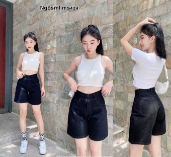 Quần sọt ngố jean nữ mẫu trơn màu đen lưng cao 2 nút