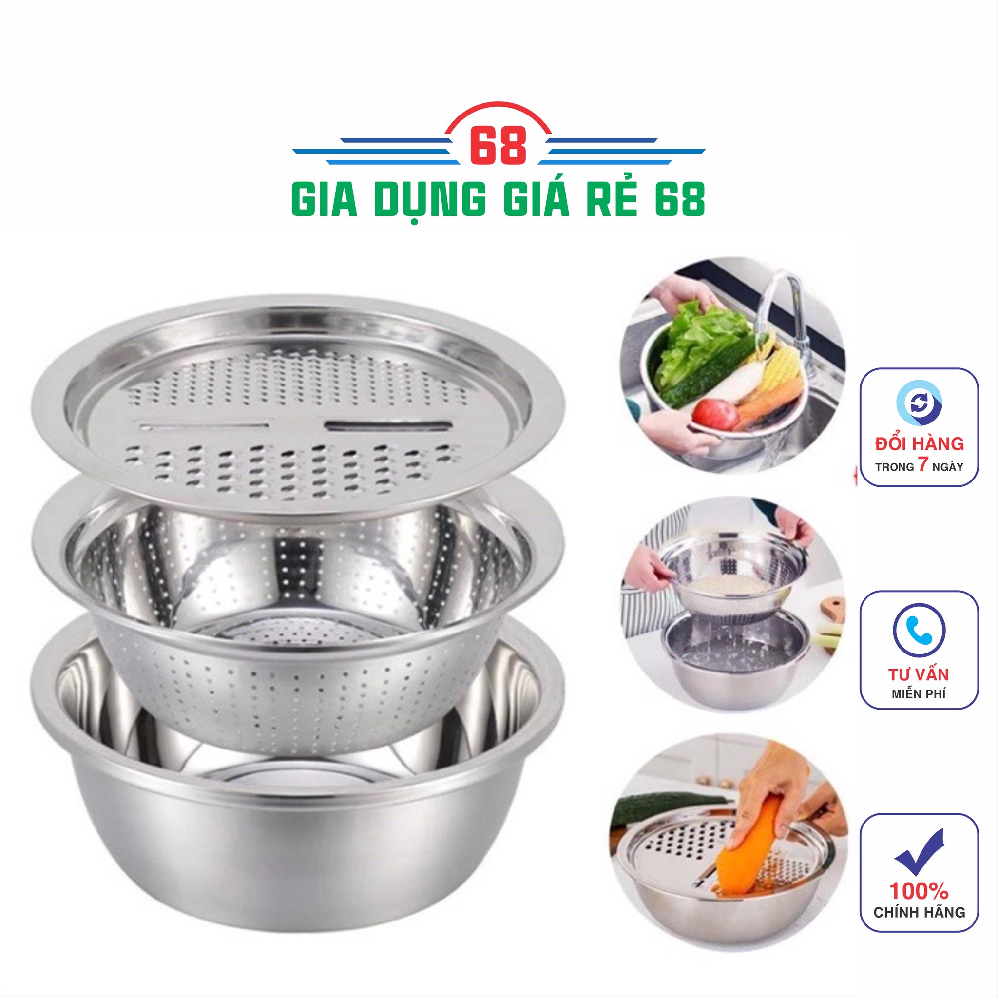 Bộ nạo rau củ quả đa năng inox 3 in 1 - bộ rổ nạo củ quả kèm chậu