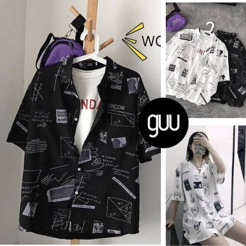 Áo sơ mi nam GUU form rộng tay lỡ họa tiết hình học có túi (đen, trắng) oversize