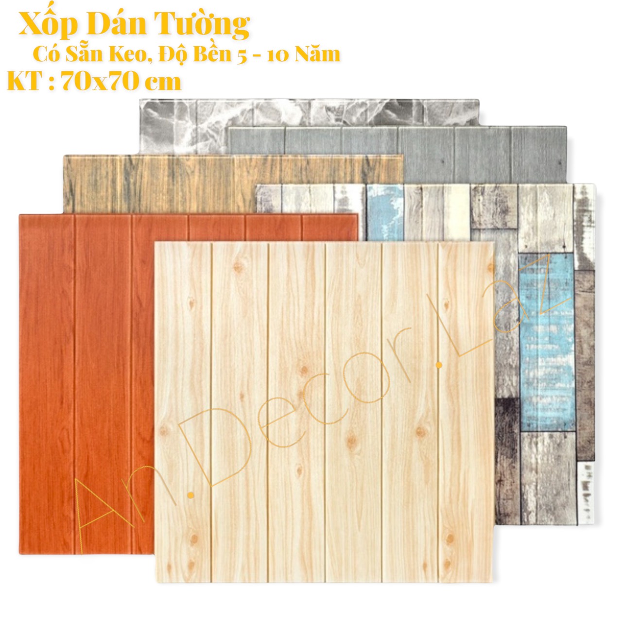 xốp dán tường giả gỗ 3d, kích thước lớn 70x70 cm, mặt sau có sẵn keo siêu dính