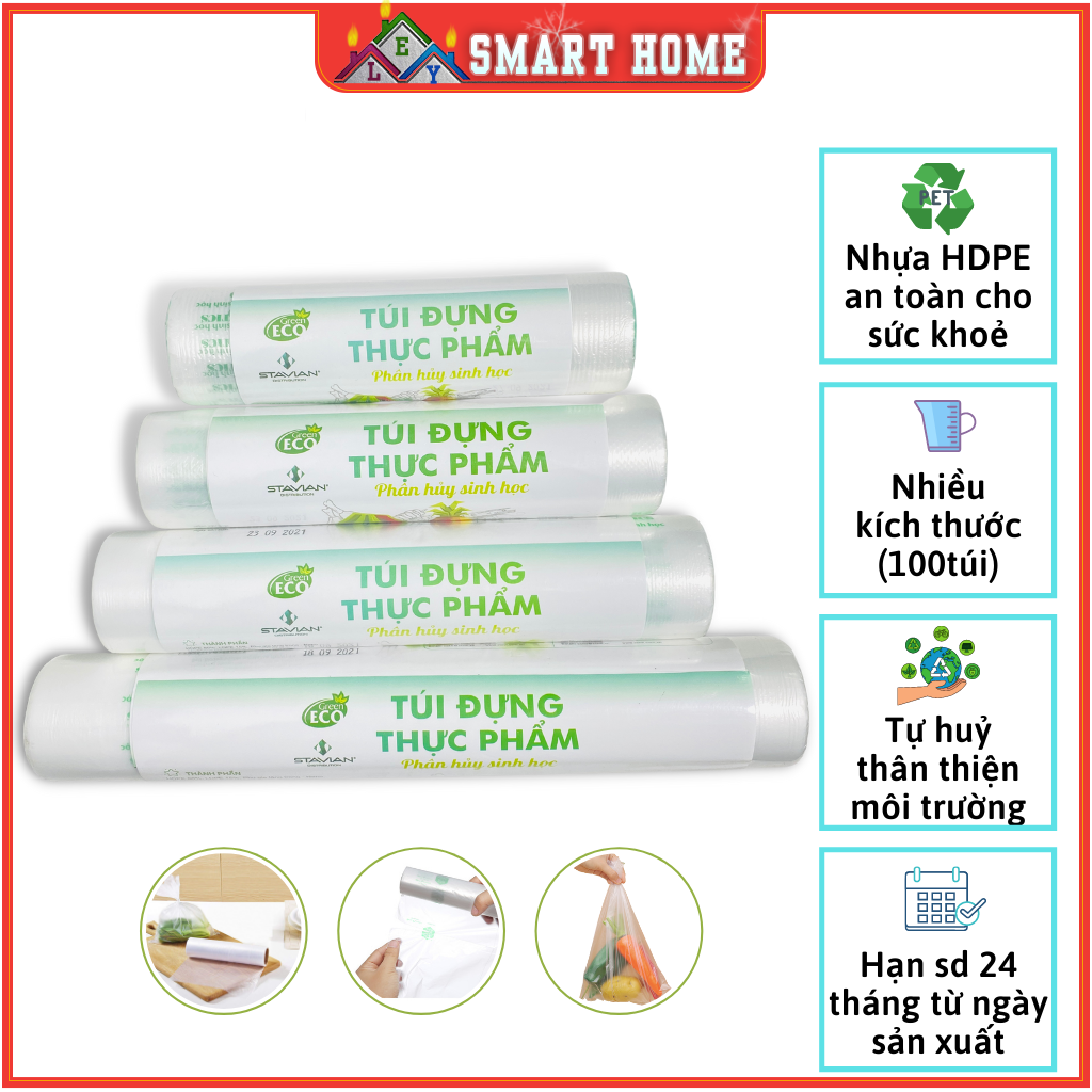 Túi đựng thực phẩm sinh học tự hủy ECO GREEN Loại 1 dai dầy nhiều kích thước (100 Cái/Cuộn) + Găng tay tự huỷ sinh học dùng 1 lần 50c ( túi đựng )