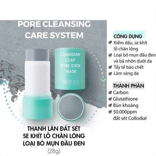 Thanh Lăn Đất Sét Neogen - Mặt Nạ Đất Sét Neogen Bùn Băng Giảm Mụn Đầu Đen Và Se Nhỏ Lỗ Chân Lông Neogen Canadian Clay Pore Stick Mask 28g