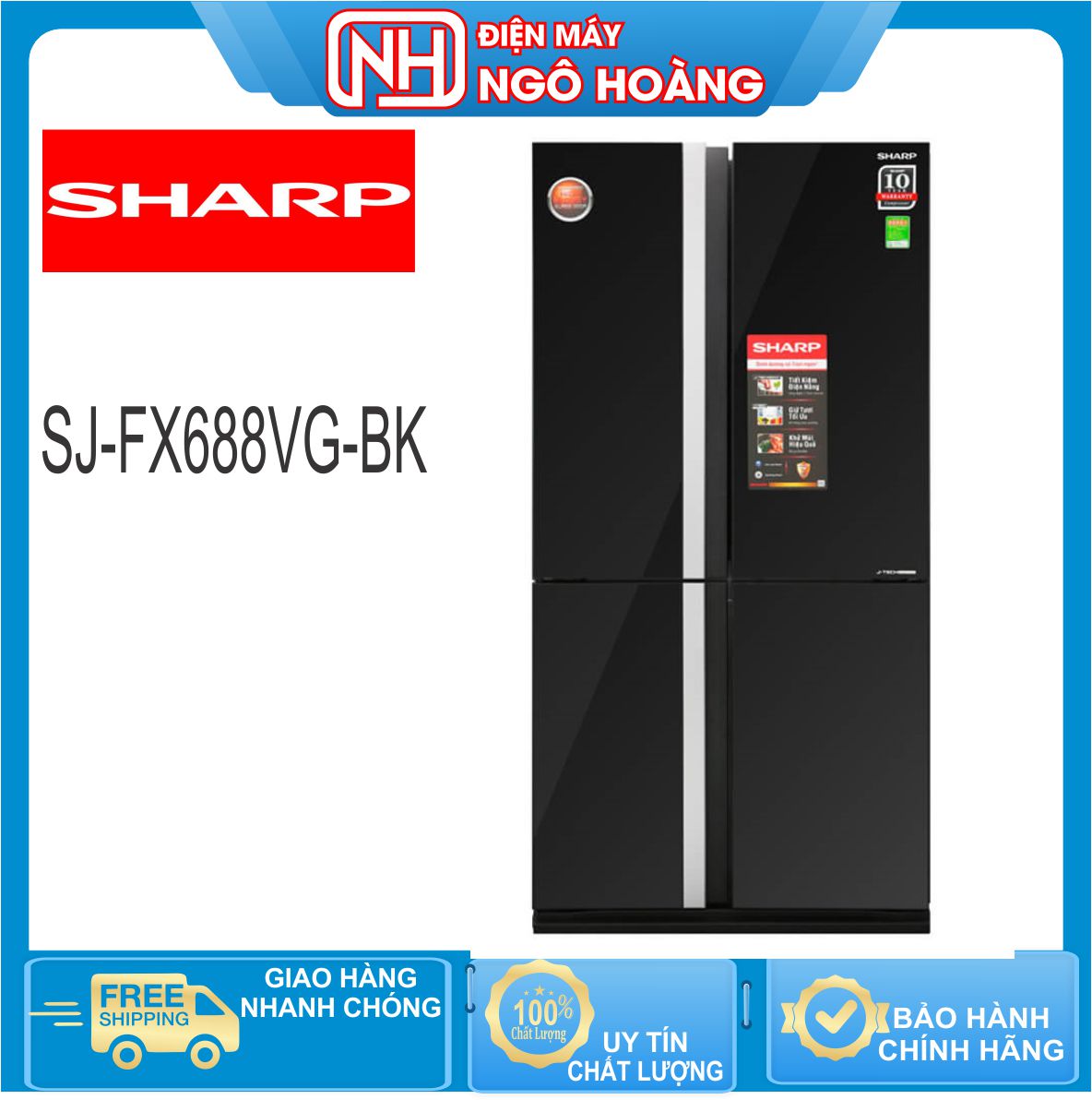Trả góp 0% - tủ lạnh sharp inverter 605 lít sj-fx688vg-bk