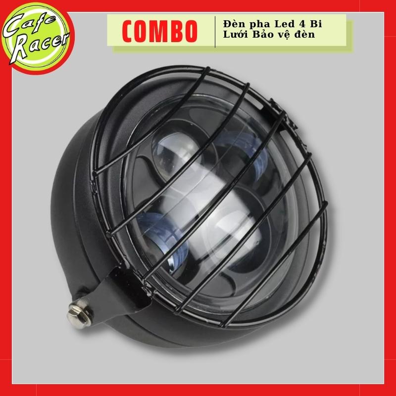Combo đèn pha led xe máy 4 bi cầu kèm lưới sắt bảo vệ đèn tránh va đập cho xe win Gn125 CG125 classic độ Cafe racer