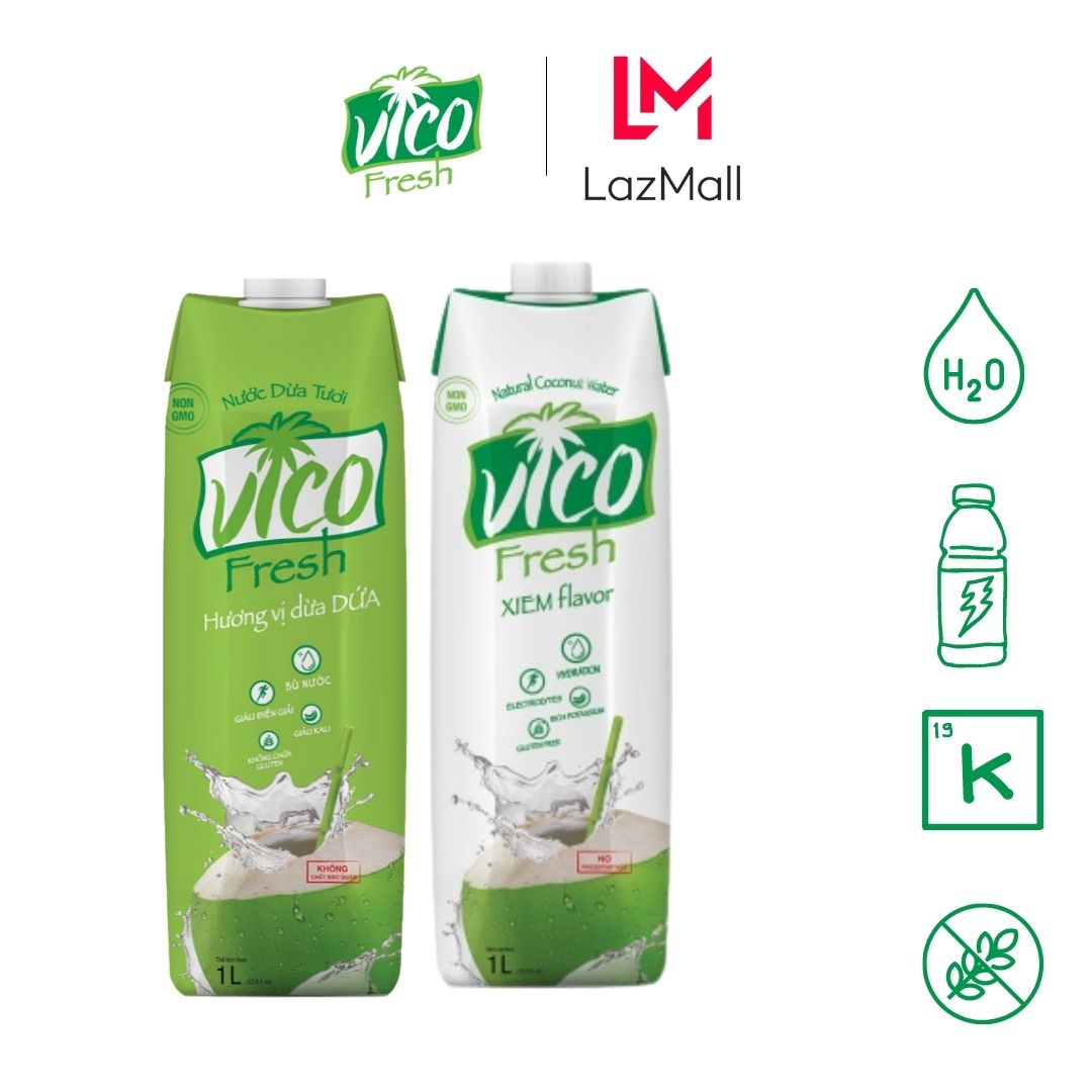 COMBO 2 HỘP NƯỚC DỪA (XIÊM, DỨA) VICO FRESH 1L - THANH MÁT, THƠM NGON TRÒN VỊ TỪ VỊ TỰ NHIÊN