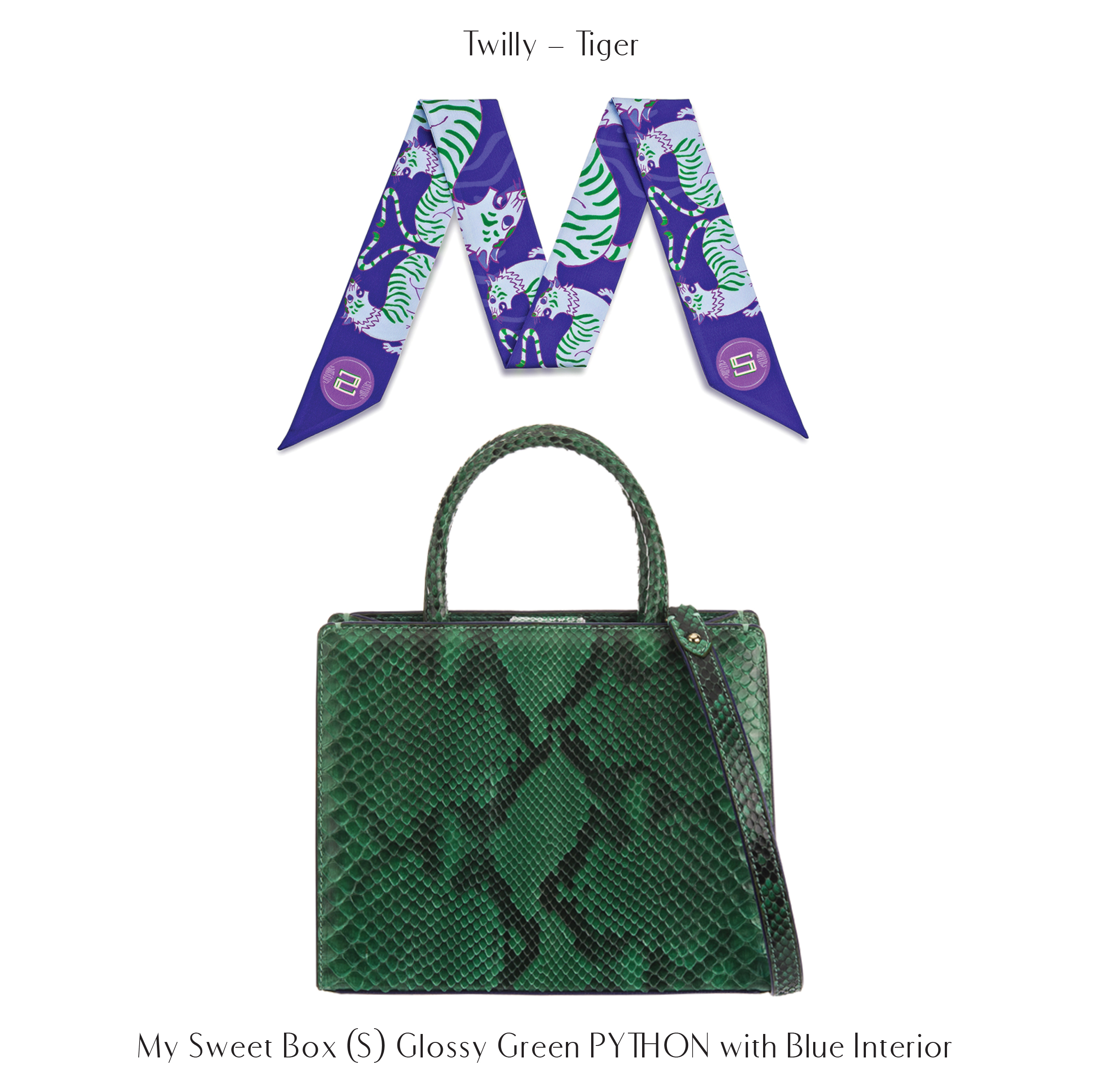 [S'UVIMOL] SPECIAL SET 01! My Sweet Box (S) - Glossy Green PYTHON with Blue Interior กระเป๋าถือทรงเหลี่ยมสีเขียวเงา (ซับน้ำเงิน) + Twilly ปีเสือ ราคา 44,390 บาท*ส่งฟรี