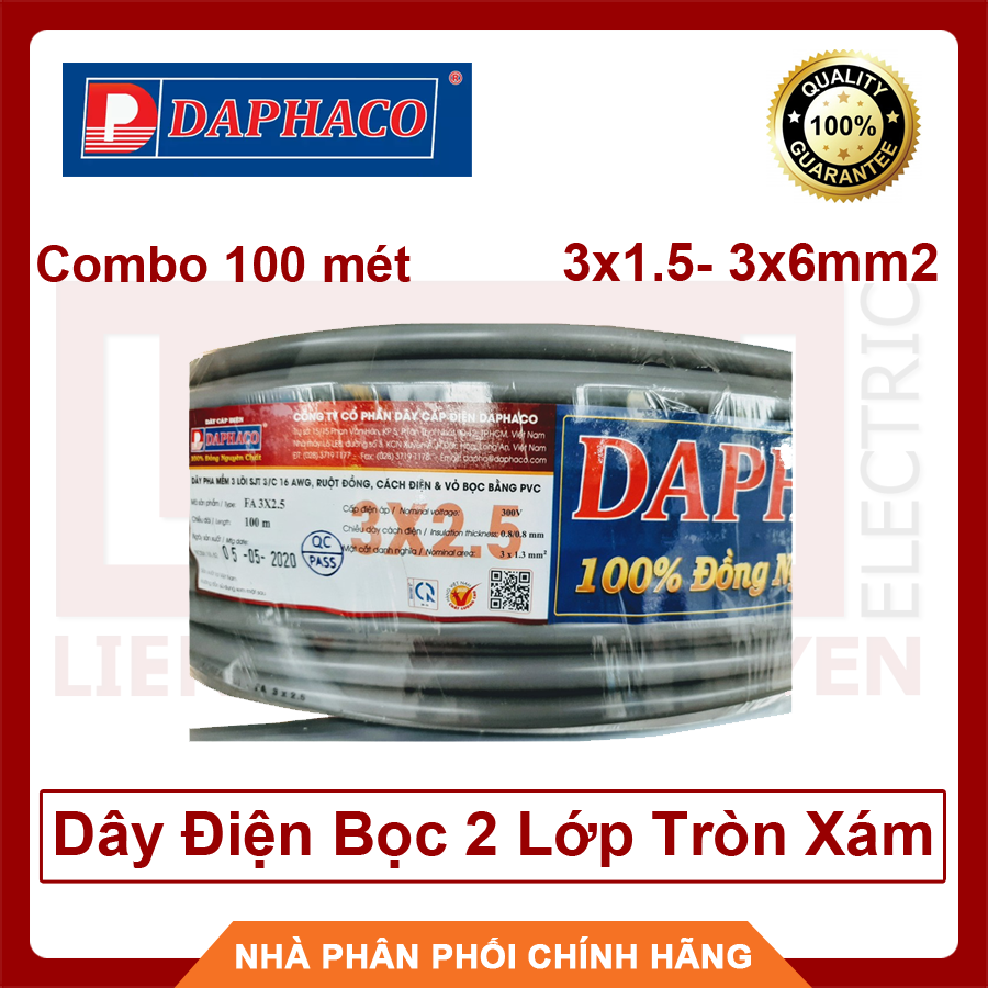 (Combo 100 Mét) Dây Điện Bọc 2 Lớp Tròn Xám 3 Lõi 3x1.5mm2 Đến 3x6.0mm2 Daphaco Ruột Đồng Nguyên Chất Chịu Tải Cao