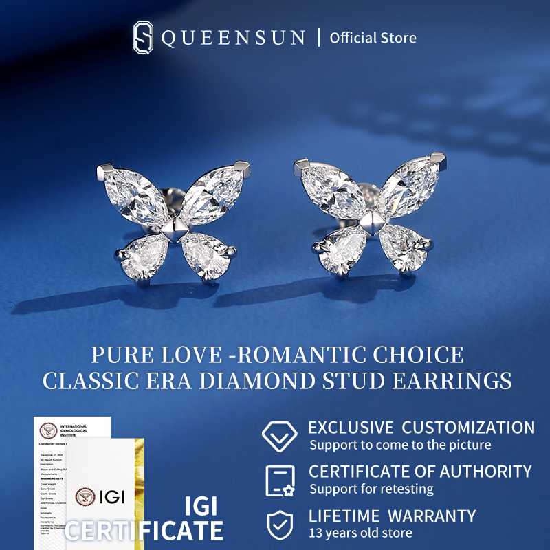 QUEENSUN Platinum cultivated diamond butterfly earrings, Lab Grown Diamond earrings， clover earrings, earrings爆闪蝴蝶四叶草耳钉