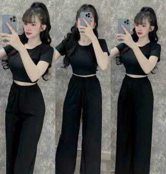 Set đồ bộ quần ống rộng đai cao và áo croptop thun gân ôm ngắn tay cá tính, Set bộ áo croptop tay ngắn mix quần rộng đai cao thoải mái, Set bộ đi chơi chất thun gân áo croptop mix quần đai cao phong cách MTB