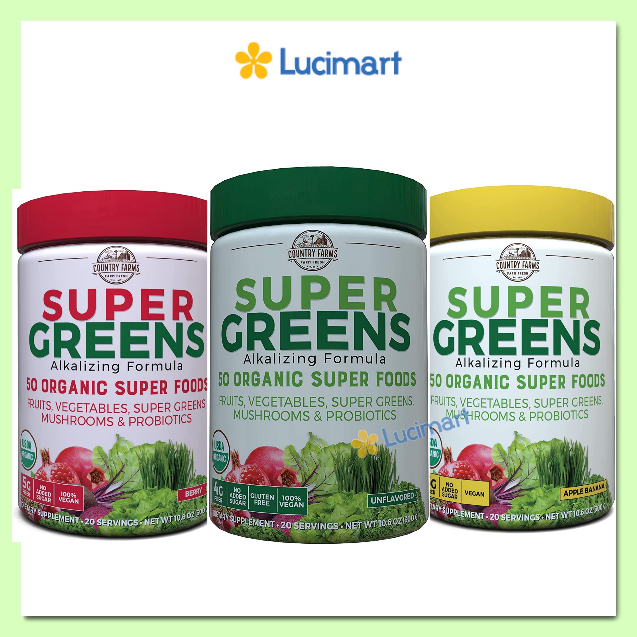Bột siêu thực phẩm hữu cơ rau xanh Country Farms Super Greens 50 Organic Super Foods 300g [Hàng Mỹ]