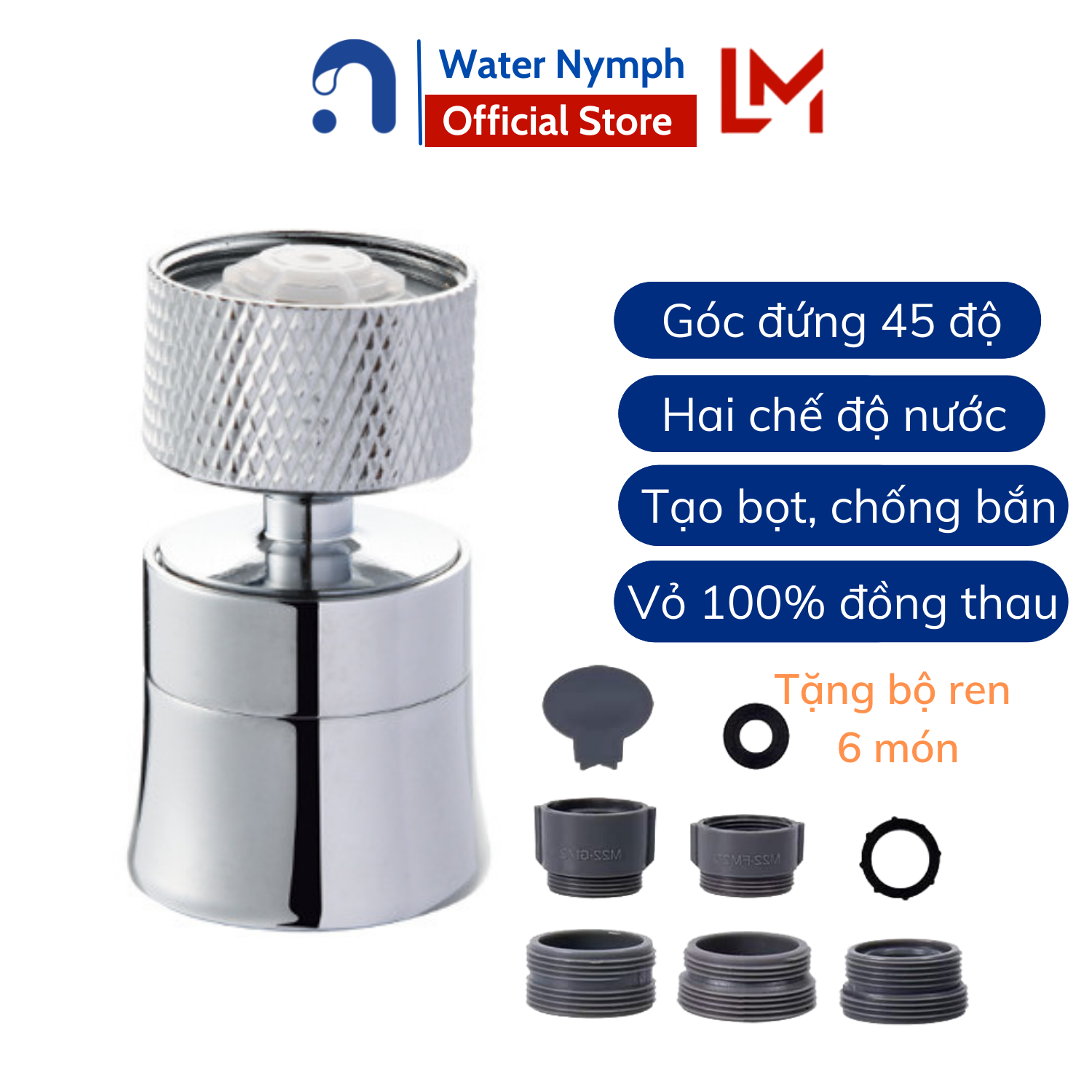 Đầu nối vòi nước rửa chén bát, rửa mặt xoay 360 độ, tạo bọt, tăng áp, hai chế độ nước Waternymph N034, tặng kèm bộ ren 6 món
