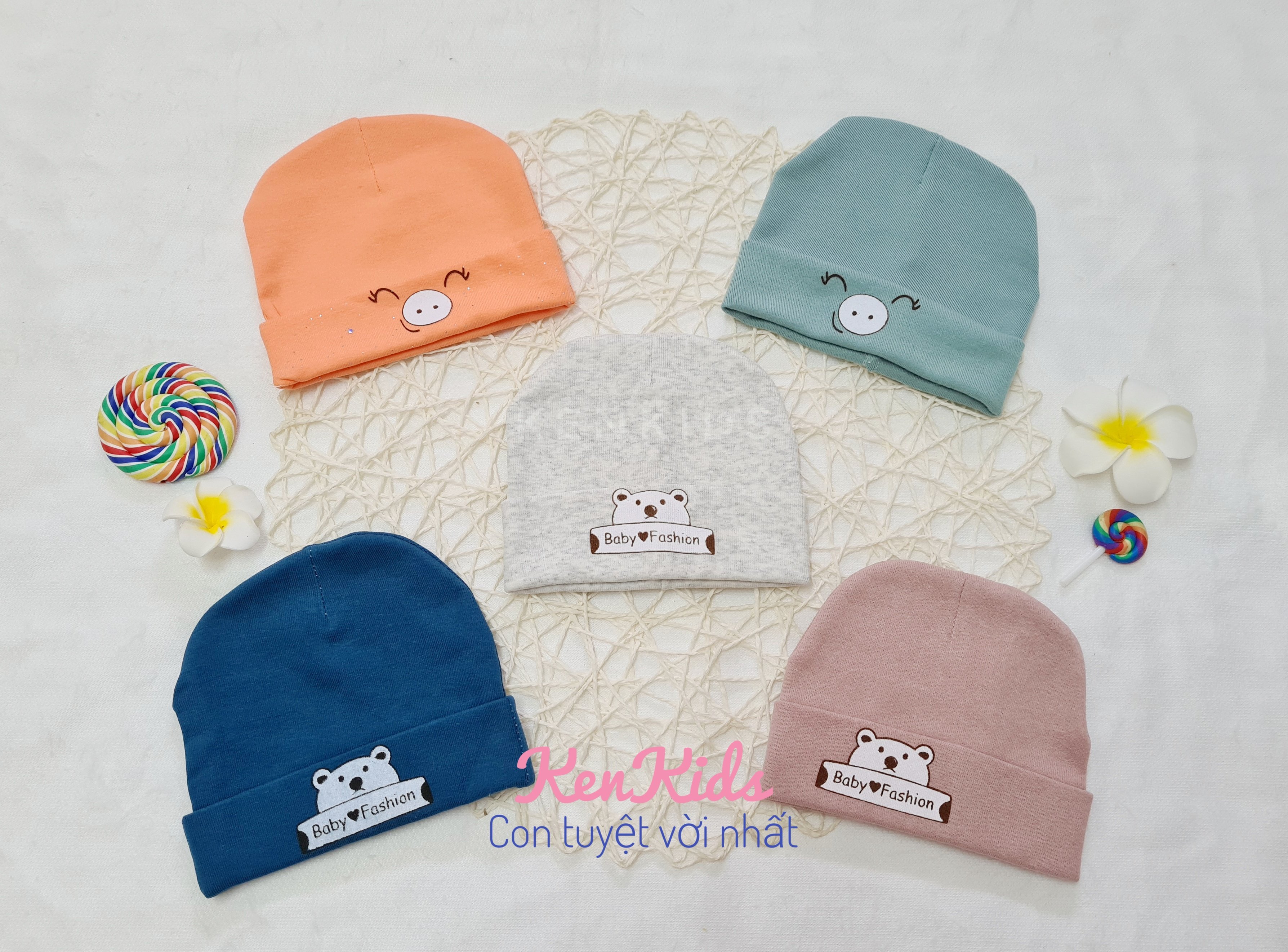 SET 5 Nón mũ tròn bo sơ sinh thun cotton hình gấu và heo ngộ nghĩnh cho bé