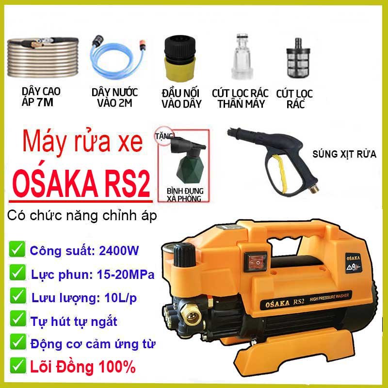 Máy rửa xe dây đồng OSAKA RS2-2400W  có chức năng chỉnh áp - 2400W - Dây cao áp 7m - Tặng kèm bình bọt.