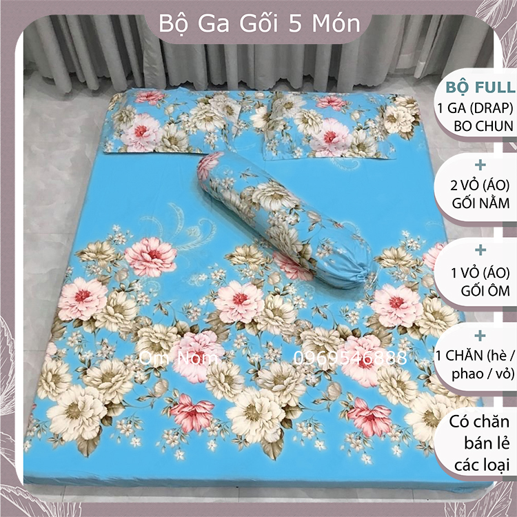 Bộ chăn ga gối 5 MÓN đẹp Hàn Quốc chất cotton poly: 1 drap giường + 2 vỏ gối + 1 vỏ ôm + 1 chăn, họa tiết hoa TRÀ XANH cổ điển
