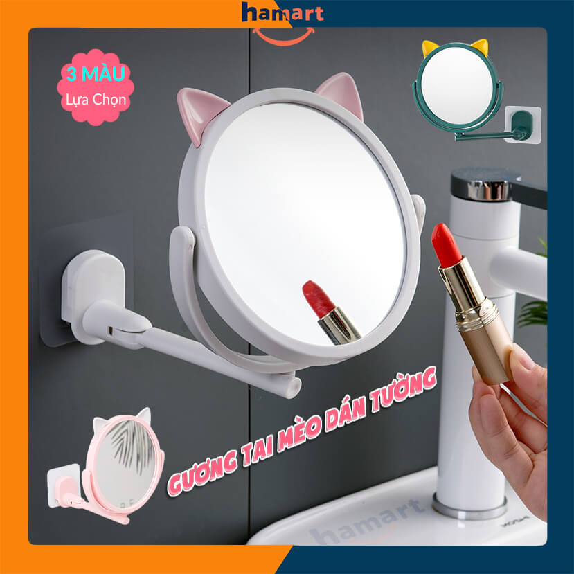 Gương trang điểm treo tường tai mèo hamart gương tròn mini dán tường nhà tắm xoay 360°