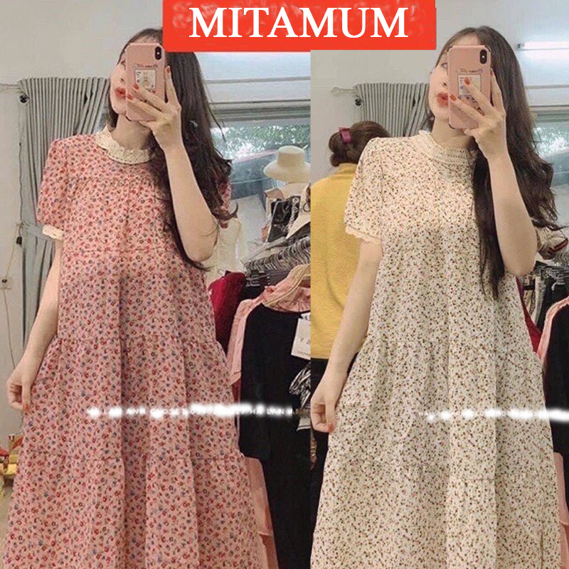 Váy đầm bầu mùa hè hoa nhí cộc ngắn tay công sở chất đũi siêu mát VHcoctay
