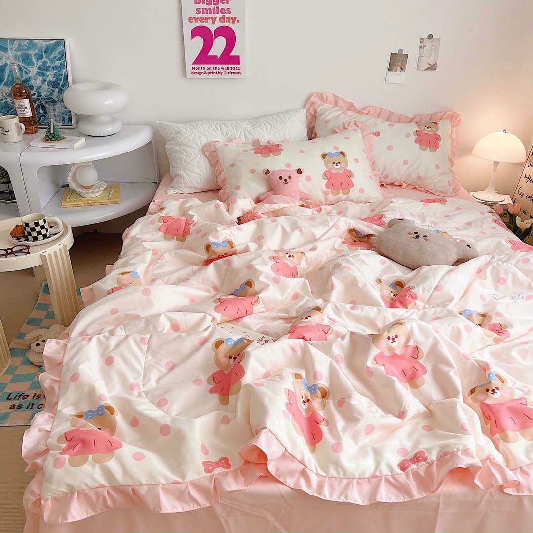 Bộ ga gối + Chăn hè đã trần bông hình gấu hồng cotton đũi 4 món chat để chọn mẫu