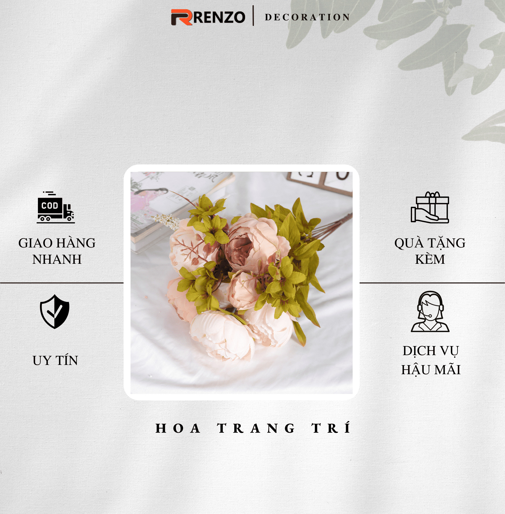 Cành hoa mẫu đơn lụa giả cao cấp gồm 6 bông mẫu đơn lớn mỗi bông 10cm trang trí nhà